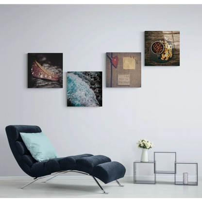 Stunning Insigne glass wall art with vibrant colors near dark blue velvet chaise lounge