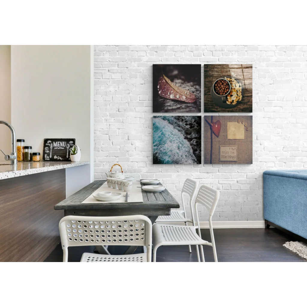 Stunning Insigne glass wall art with vibrant coastal scenes on white brick wall