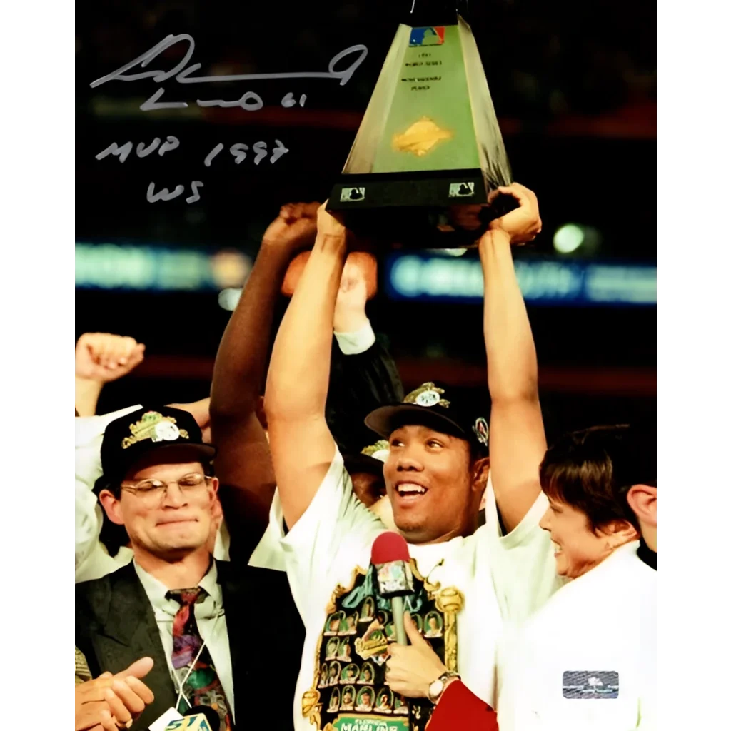 Livan Hernandez autographed Florida Marlins World Series trophy photo