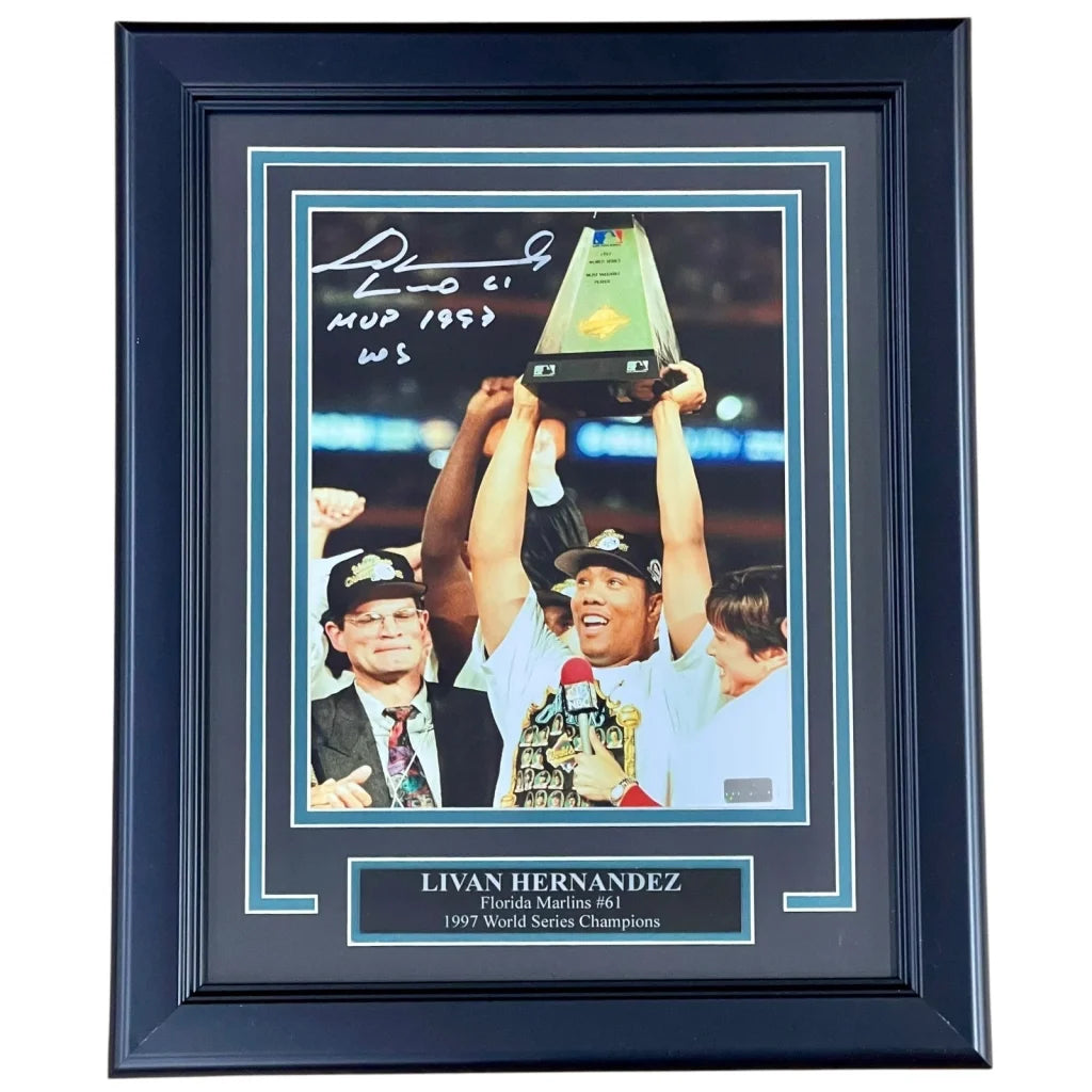 Livan Hernandez autographed 1997 World Series trophy photo, Florida Marlins MVP