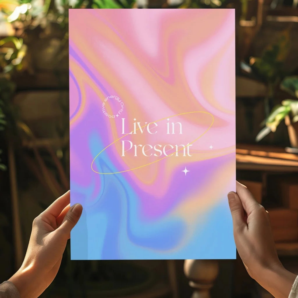 Insigne aluminum print of vibrant iridescent poster with live in present text