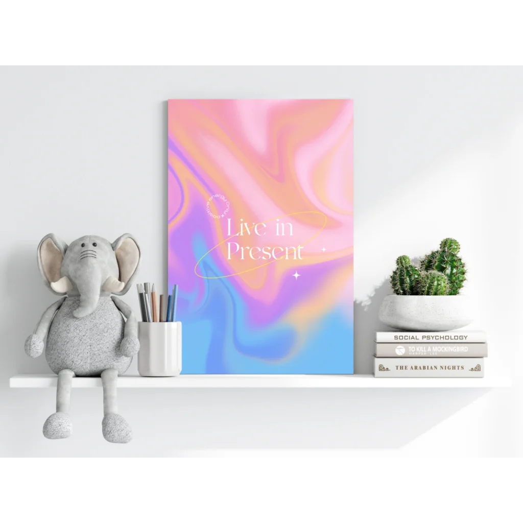 Vibrant insigne aluminum print with swirling pink purple blue hues and live in present script