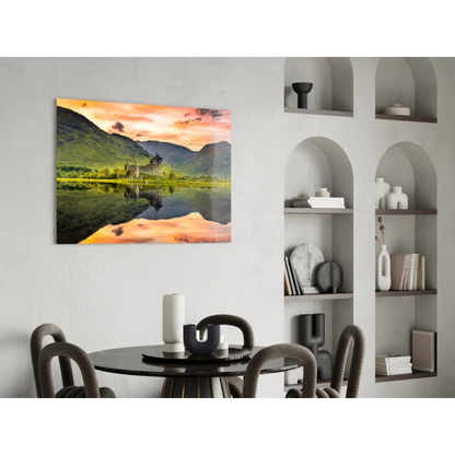 Stunning glass wall art of castle reflected in calm waters at sunset