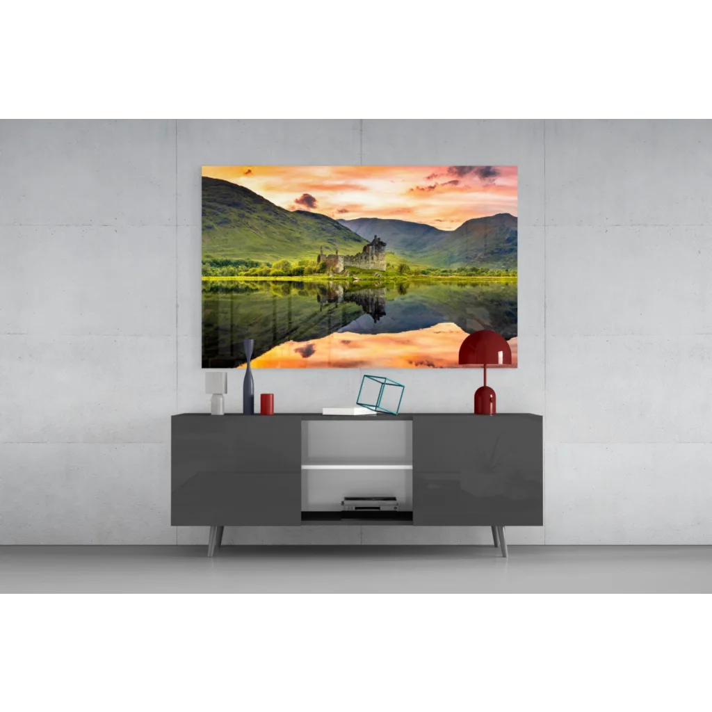 Castle reflection in sunset glass wall art on gray console