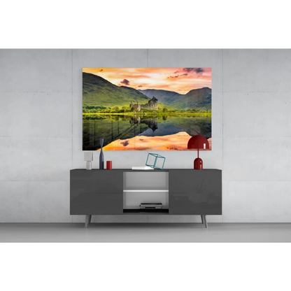 Castle reflection in sunset glass wall art on gray console