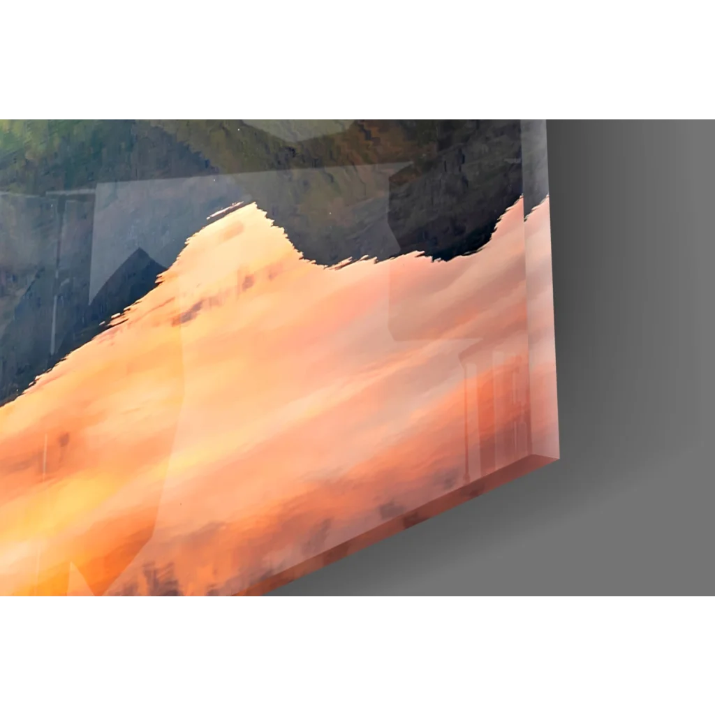 Vibrant glass wall art print blending orange, peach hues and shadows