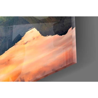 Vibrant glass wall art print blending orange, peach hues and shadows