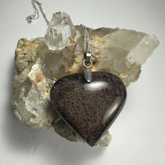 Polished lodalite included quartz heart pendant in sterling silver