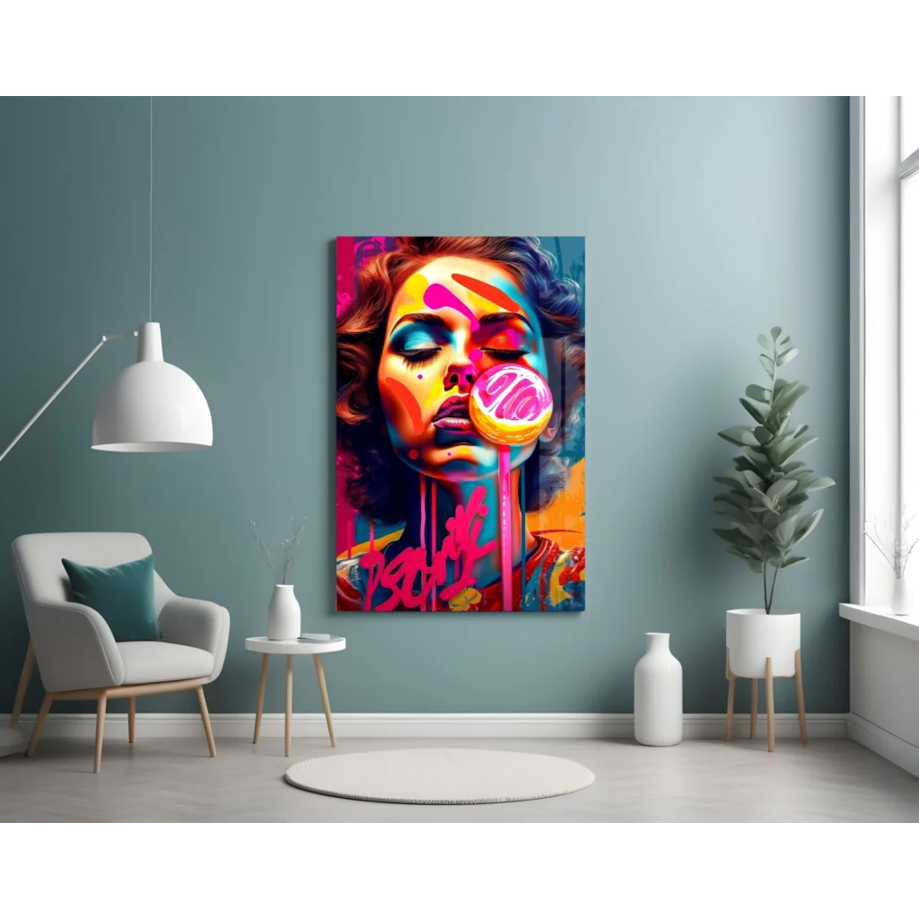 Vibrant pop art canvas wall art print of woman with bold makeup and giant lollipop
