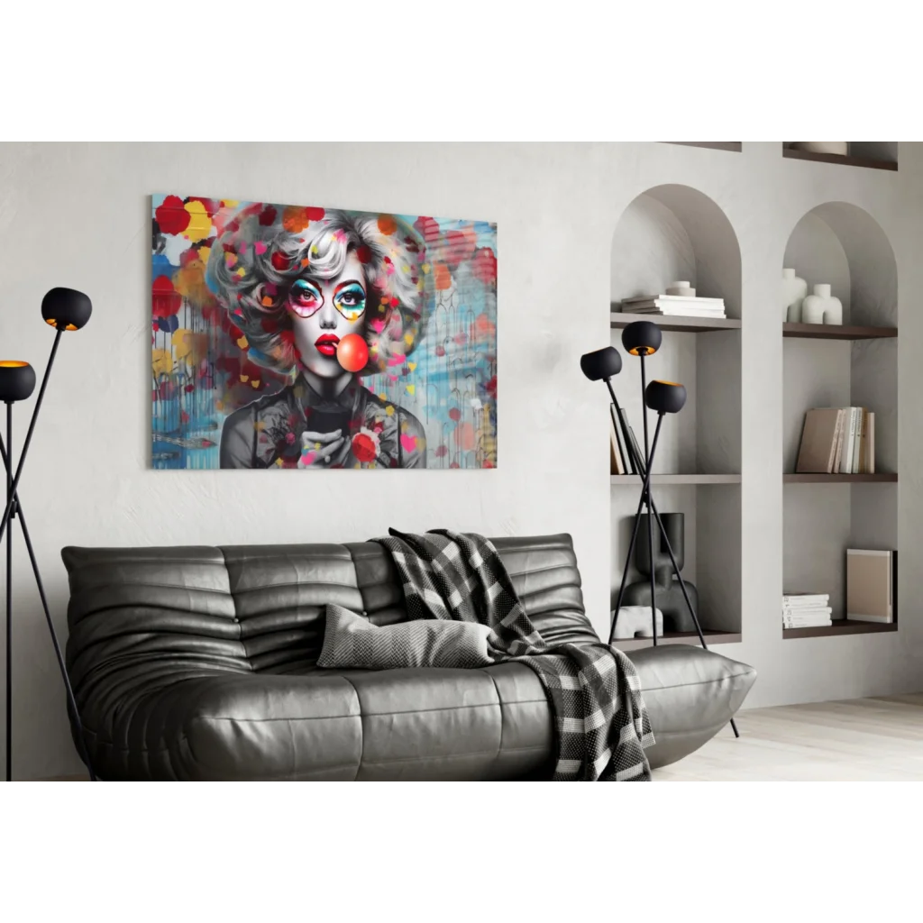 Vibrant pop-art glass wall art of stylized woman with colorful makeup and splattered background