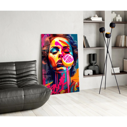 Vibrant pop art wall art print of woman blowing colorful lollipop in neon hues