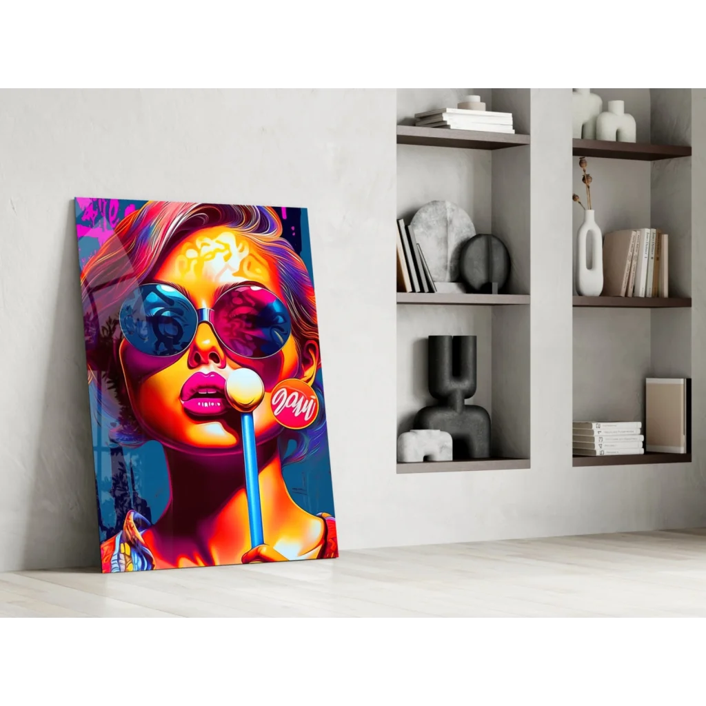 Vibrant pop art girl with colorful hair, sunglasses and pink lips holding lollipop wall art