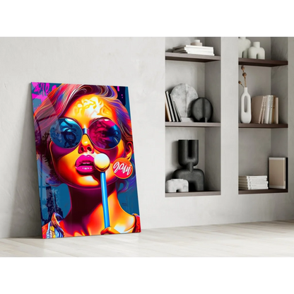 Vibrant pop art girl with colorful hair, sunglasses and pink lips holding lollipop wall art