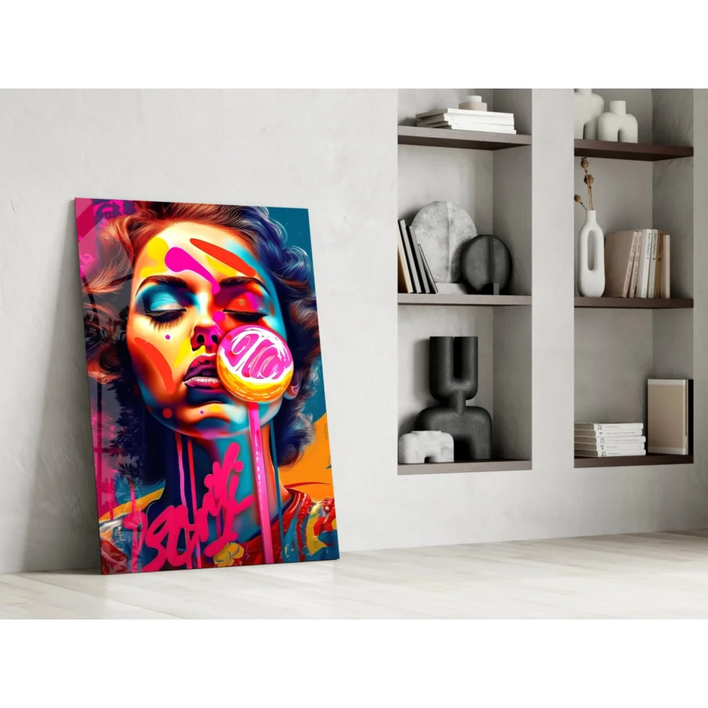 Vibrant pop art wall art print of woman blowing giant pink lollipop