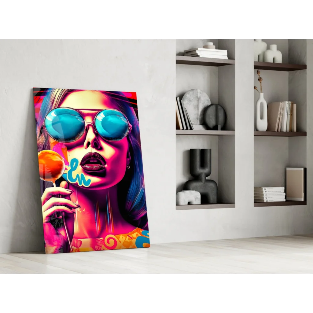 Vibrant Pop Art Lollipop Girl glass wall art canvas print with turquoise sunglasses