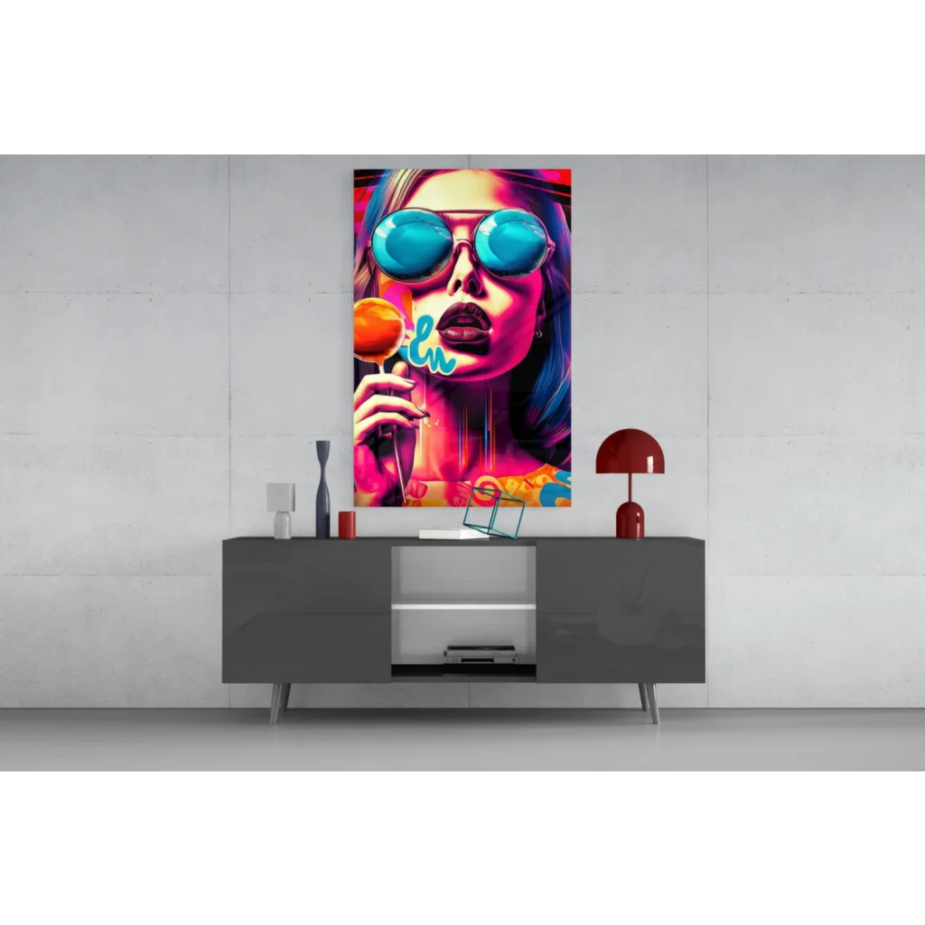 Vibrant pop art lollipop girl on glass wall art canvas print