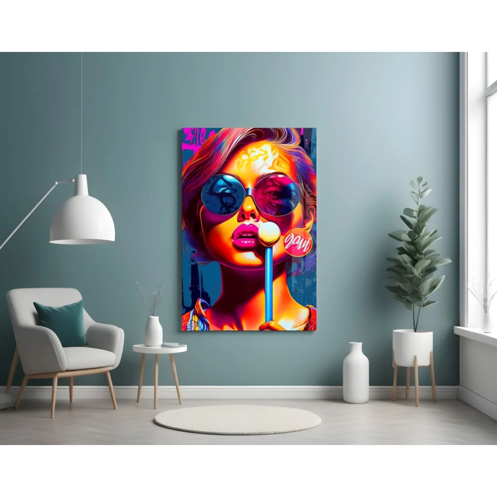 Vibrant pop art bubble gum girl canvas wall art with colorful hair and sunglasses