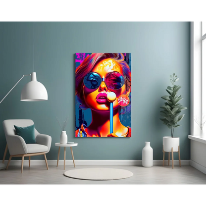 Vibrant pop art bubble gum girl canvas wall art with colorful hair and sunglasses