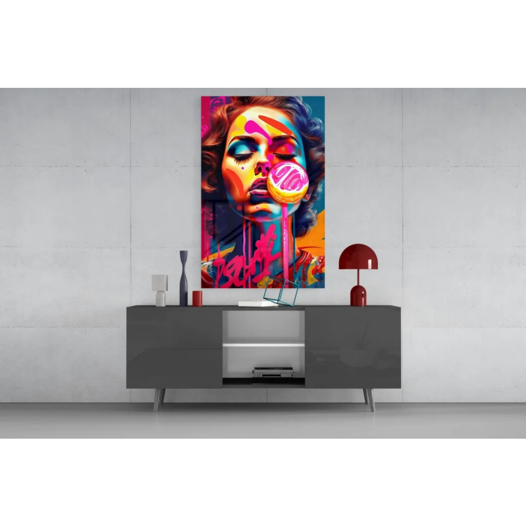 Vibrant pop-art wall art print of woman blowing colorful lollipop in neon pinks