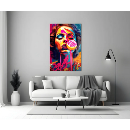 Vibrant pop art wall art print of woman blowing pink lollipop