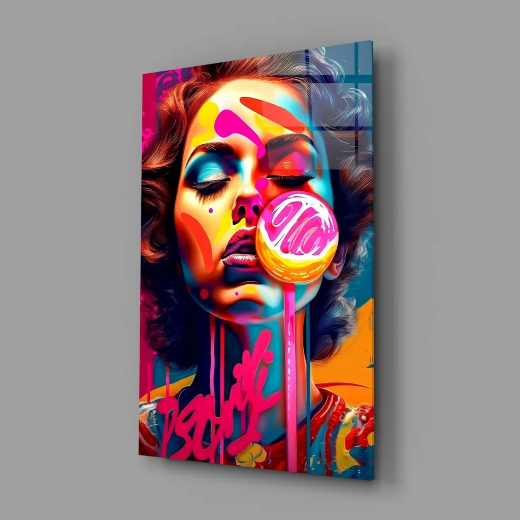 Vibrant pop art wall art print of woman with bold makeup and giant lollipop