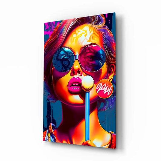 Vibrant pop art bubble gum girl wall art canvas with blue pink sunglasses