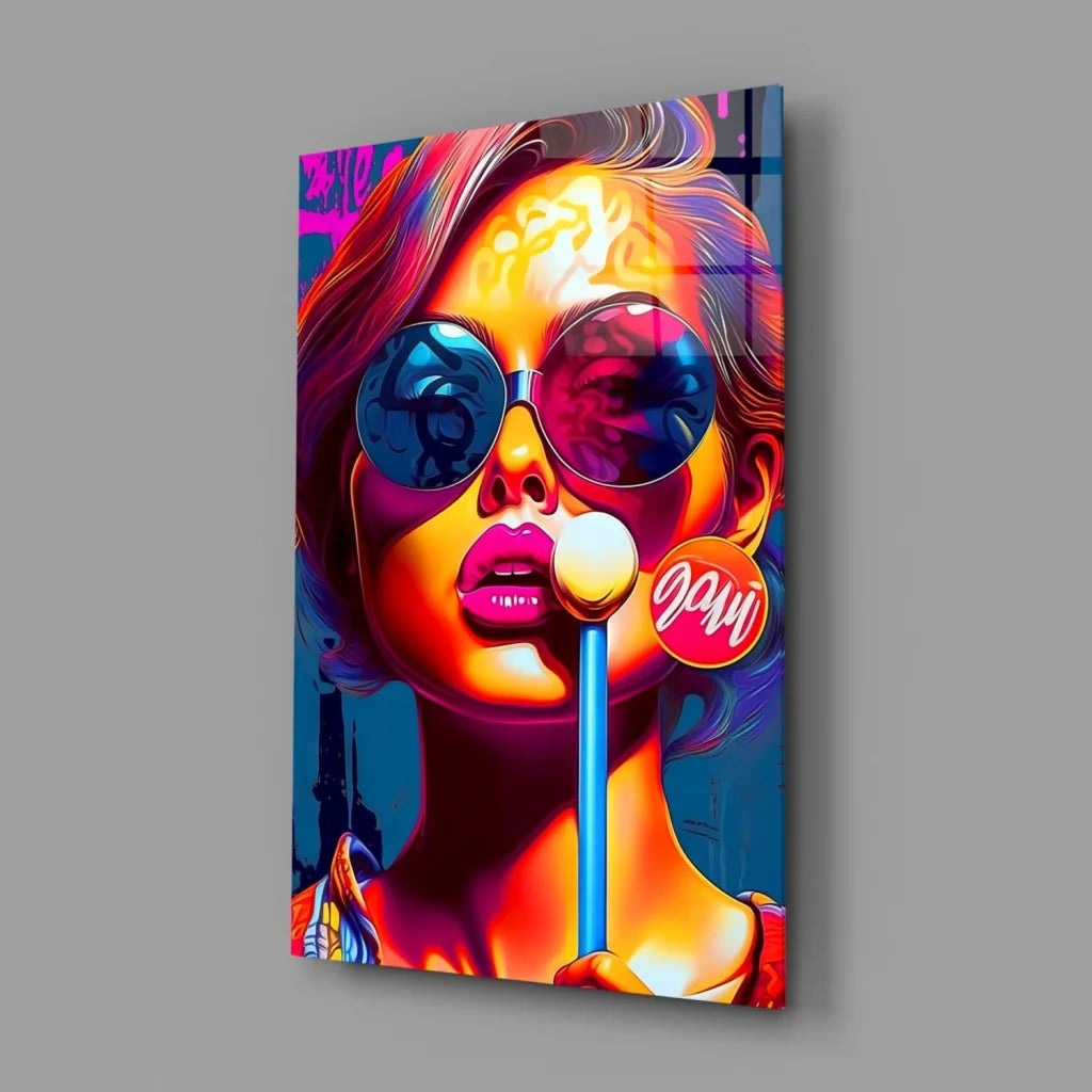 Pop art bubble gum girl canvas wall art with vibrant woman in colorful hair