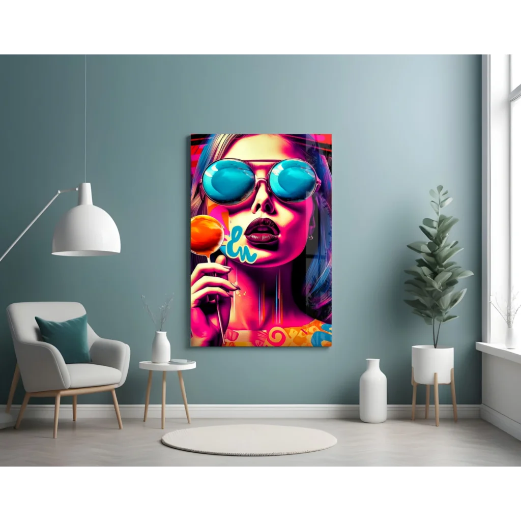 Pop Art Lollipop Girl Glass Wall Art Canvas Print | Contemporary Home Wall Art | vintageantiquesgifts.com