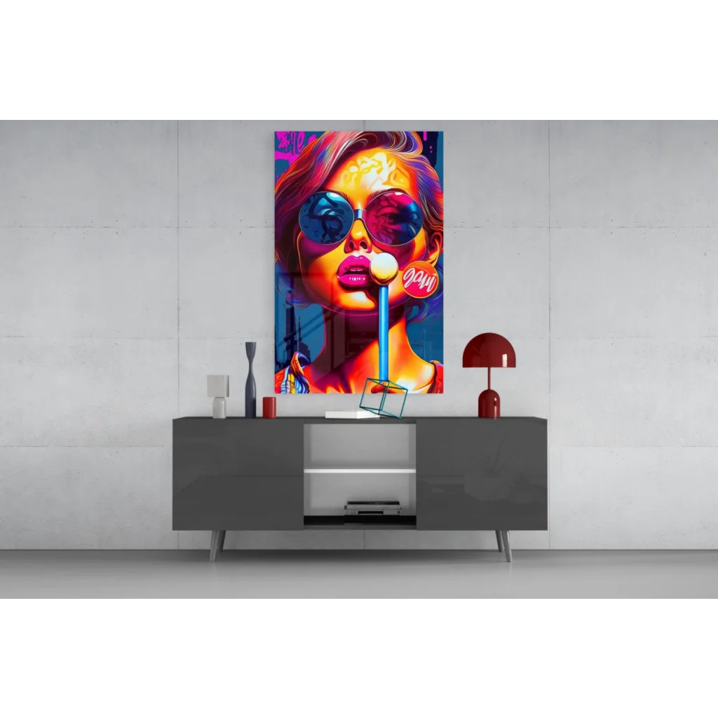 Vibrant pop art bubble gum girl canvas wall art with red lips and rainbow hair