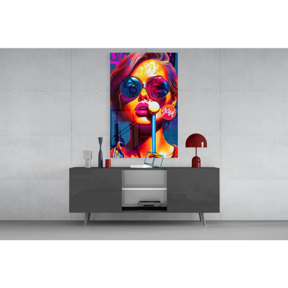 Vibrant pop art bubble gum girl canvas wall art with red lips and rainbow hair