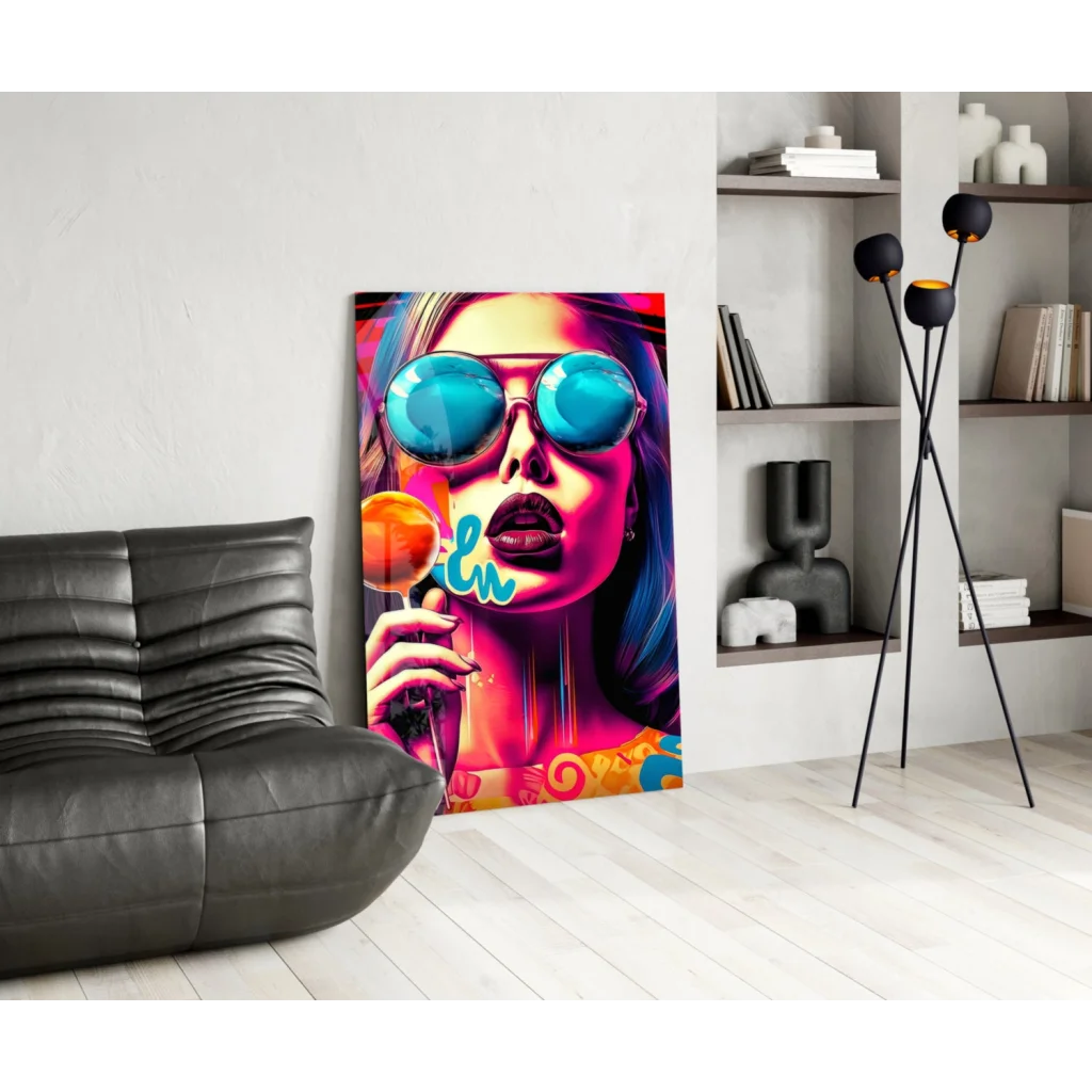 Vibrant pop art lollipop girl on glass wall art canvas print