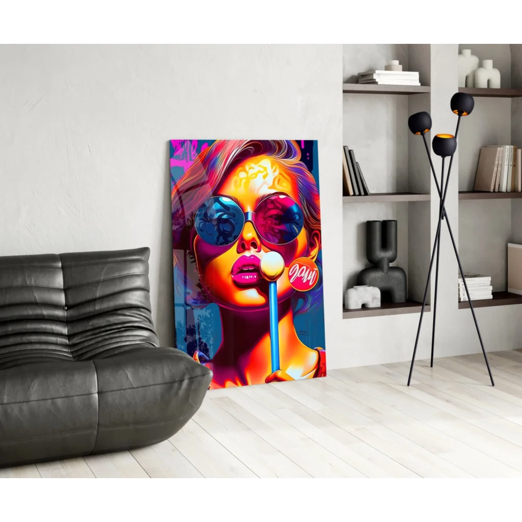 Pop art bubble gum girl canvas wall art with vibrant woman in blue pink sunglasses