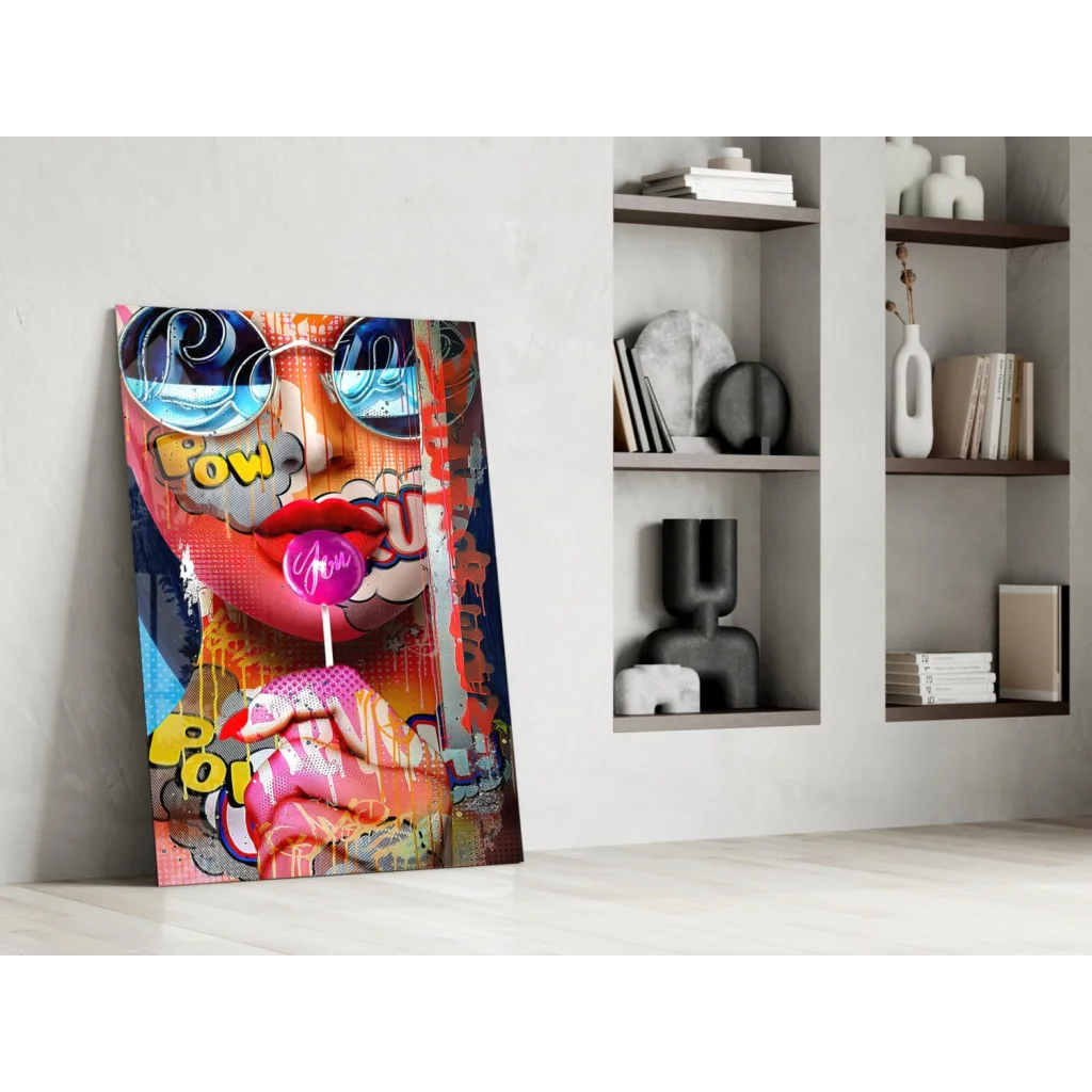 Vibrant Pop Art Lollipop Girl glass wall art with bold red lips and pow text
