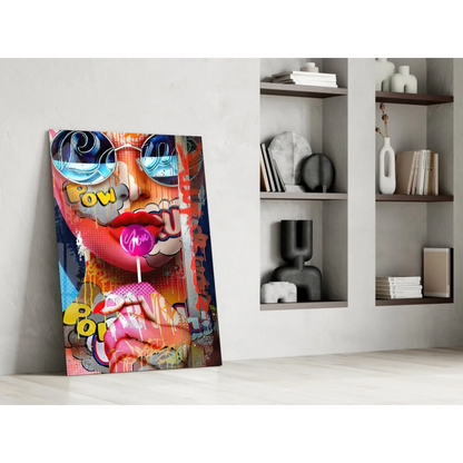 Vibrant Pop Art Lollipop Girl glass wall art with bold red lips and pow text