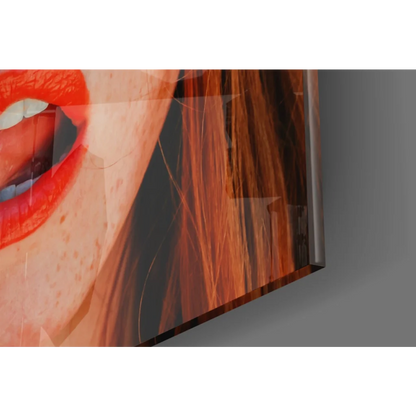 Glossy pop art redhead glass wall art with vibrant red lips and warm hair
