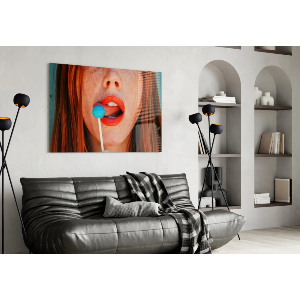 Pop art redhead with blue lollipop glass wall art canvas print