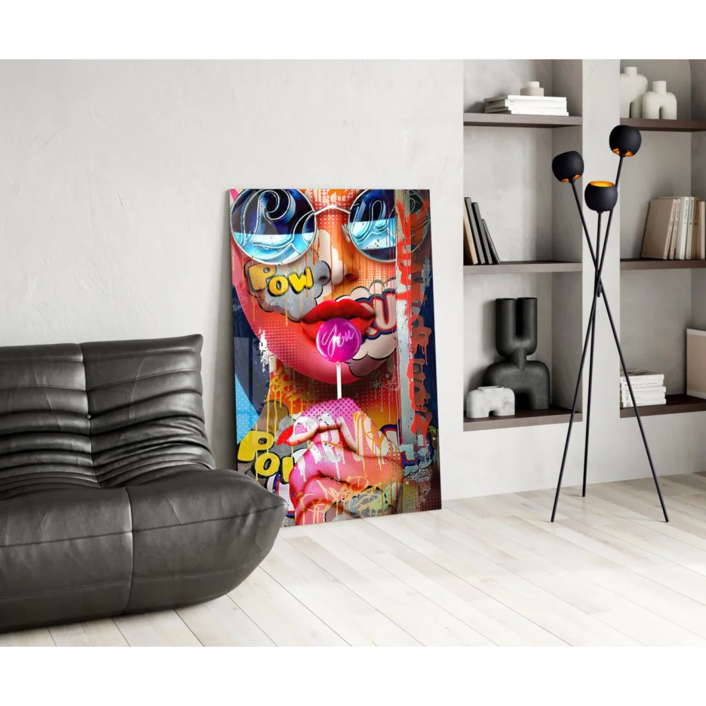 Vibrant Pop Art Lollipop Girl glass wall art canvas print with bold face