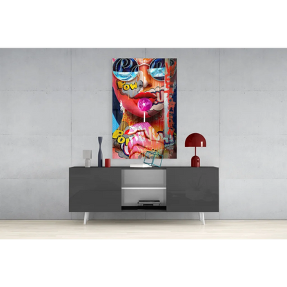 Vibrant Pop Art Lollipop Girl glass wall art with bold blue sunglasses and pink lips