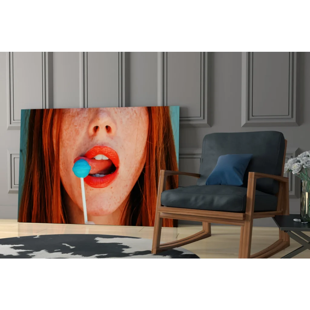 Pop art redhead glass wall art with blue lollipop canvas print