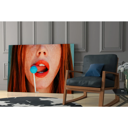Pop art redhead glass wall art with blue lollipop canvas print
