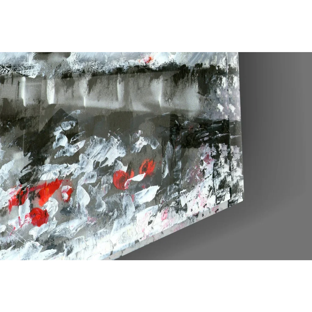 Abstract bold black white red brushstrokes on textured glass wall art of Red Umbrella London Big Ben