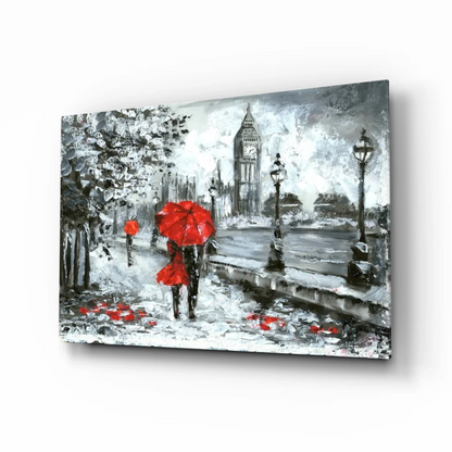 Vibrant red umbrella in rainy monochrome London street with Big Ben glass wall art