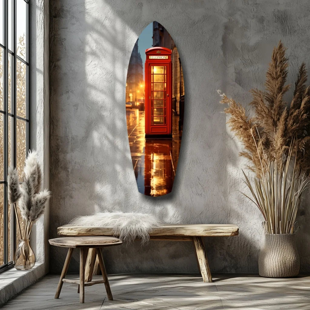 Red vintage telephone booth in tempered glass art