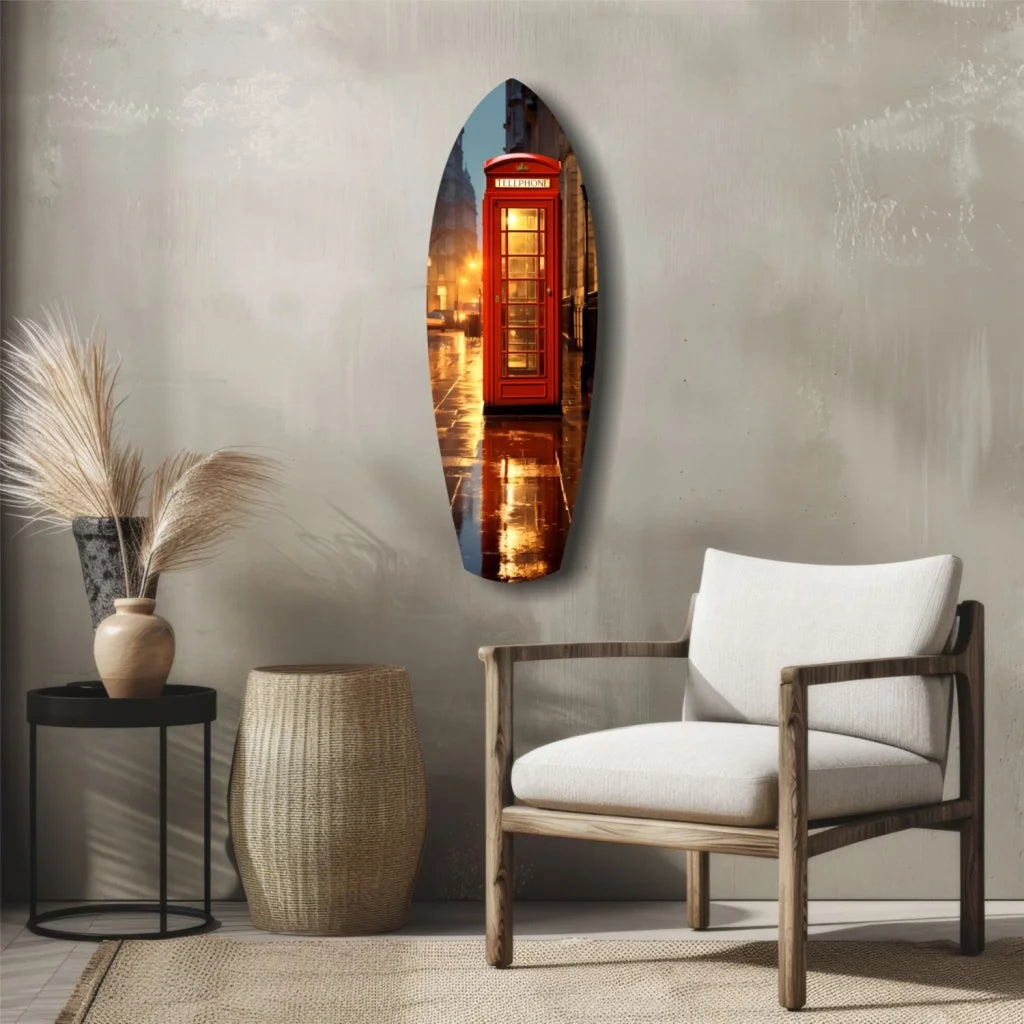 Vibrant red London telephone booth in tempered glass art reflection