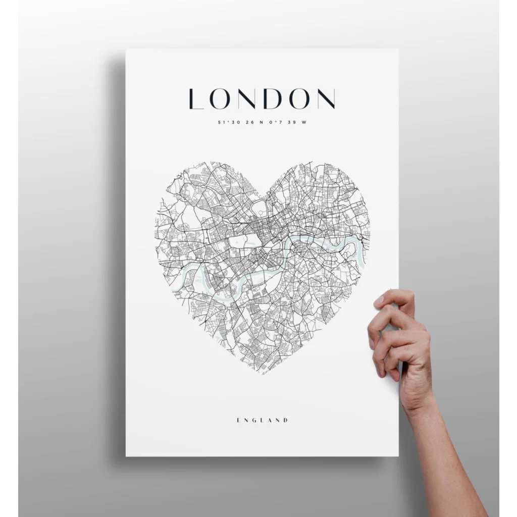 Heart shaped London map on insigne aluminum print