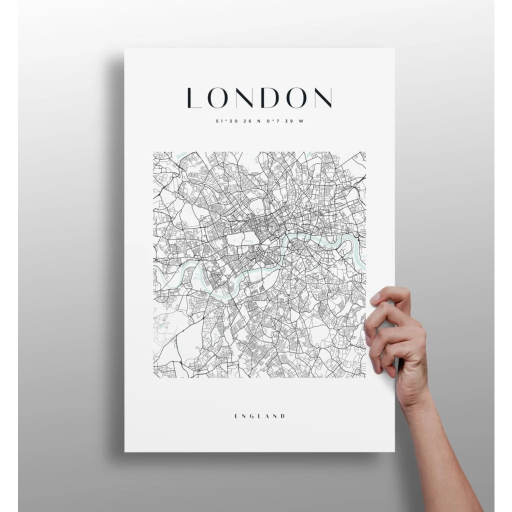 Minimalist London map on insigne aluminum print with Thames accents