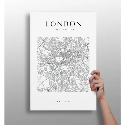 Minimalist London map on insigne aluminum print with Thames accents