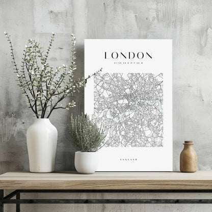 Minimalist white-framed London map on Insigne aluminum print