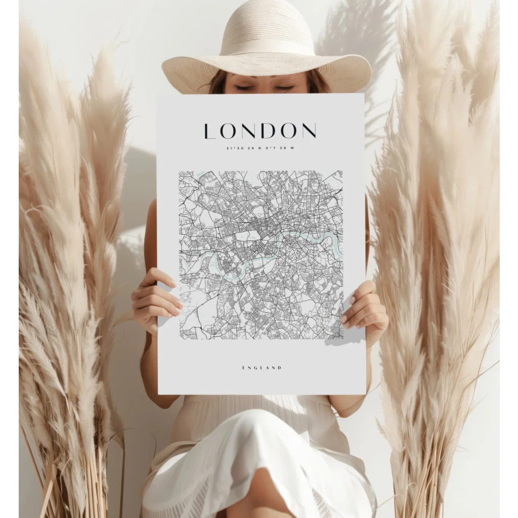 Minimalist black-and-white London map on insigne aluminum prints with pampas grass frame