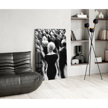 Black and white silhouette of blonde woman in dress as wall art print
